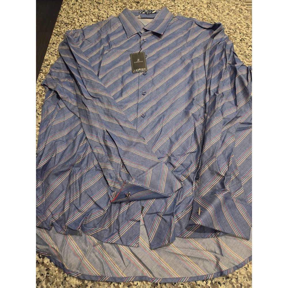 Lanzino‎ Collection Mens XXL Blue Multi Diagonal Stripe French Cuff Shirt 1500